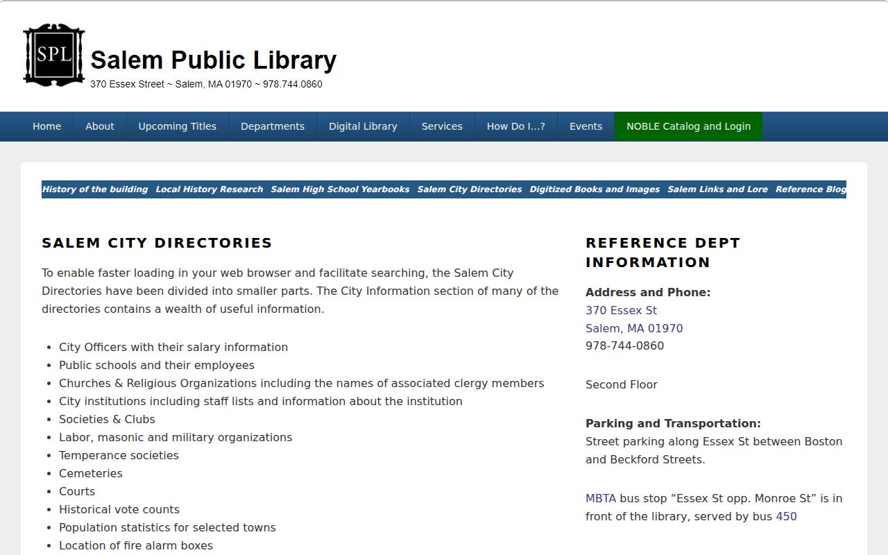 Essex County city directory collection showing Salem directory sections and year runs
