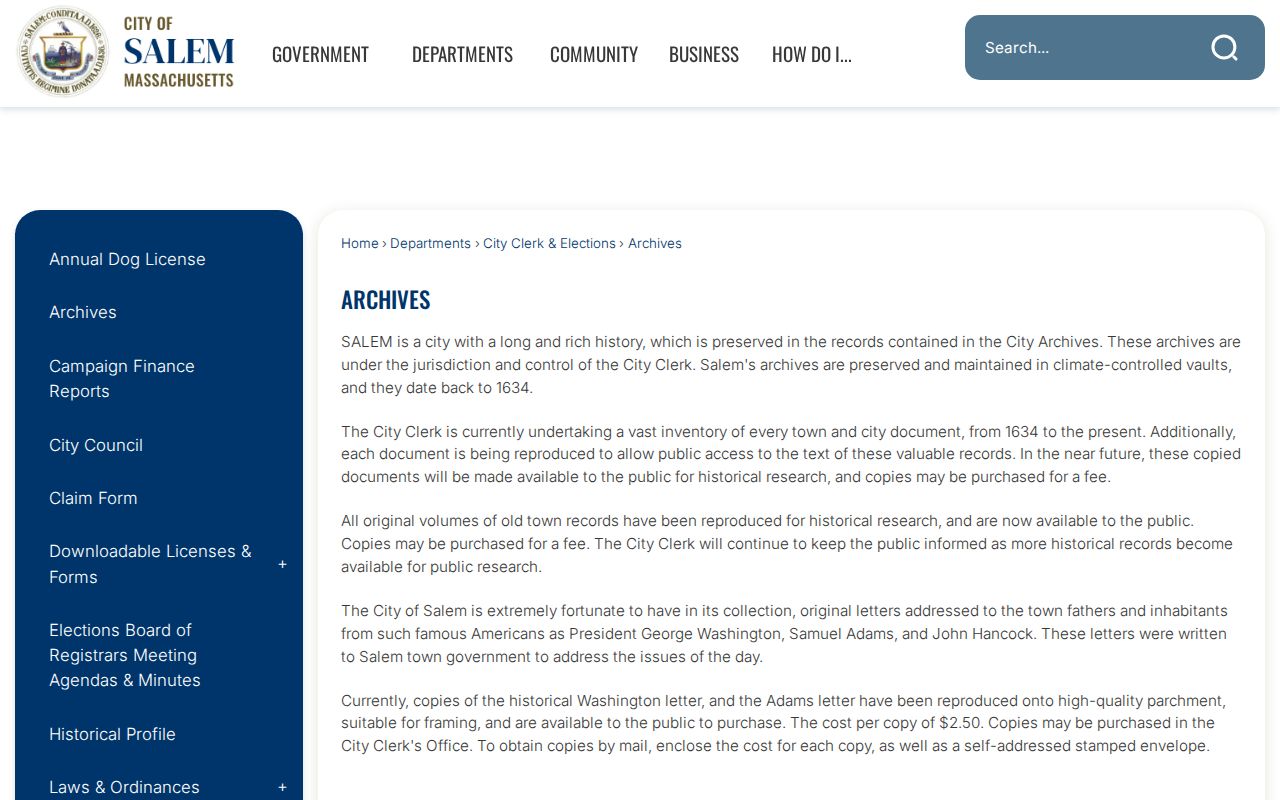 Essex County previous residents research showing the Salem City Archives access page