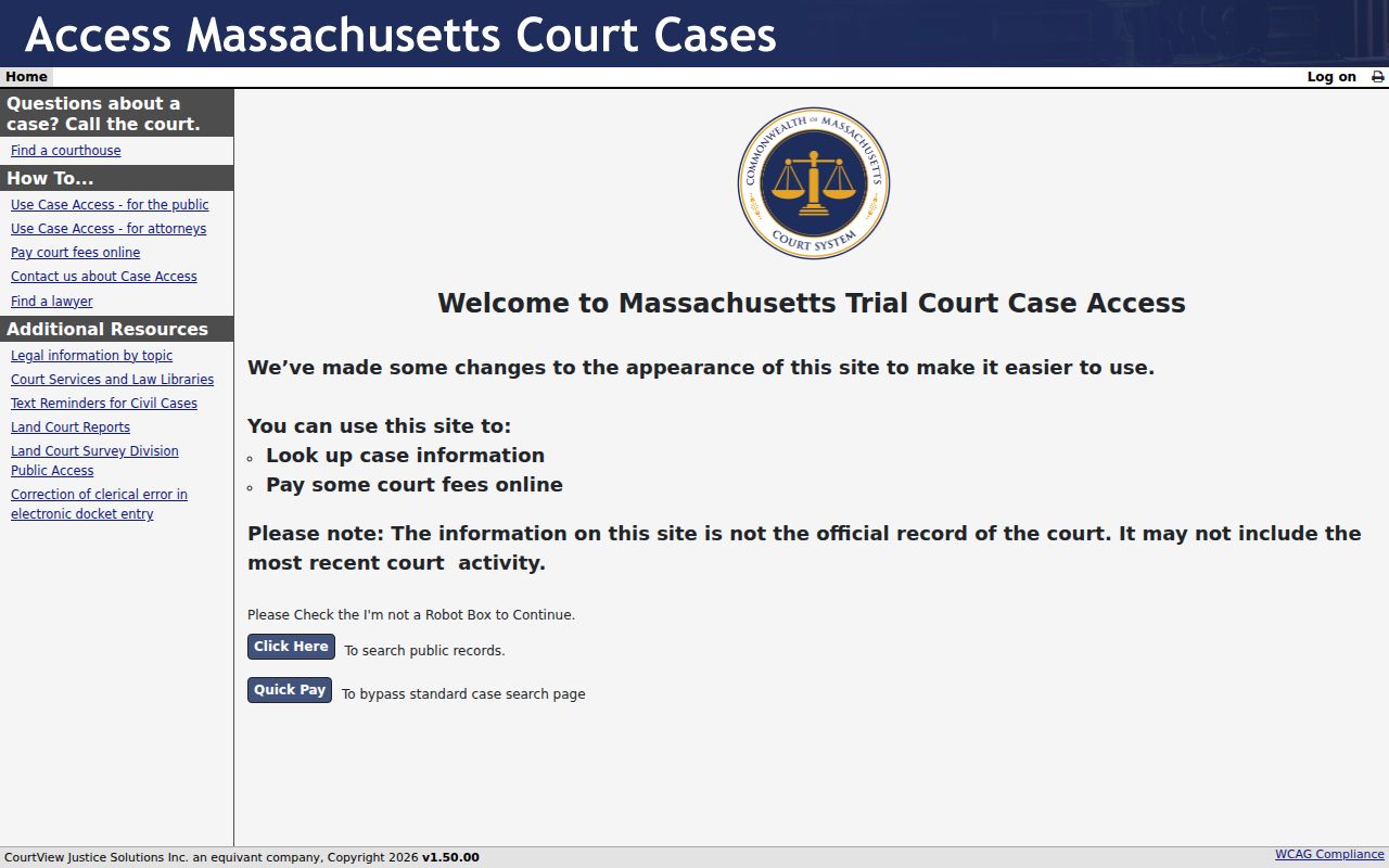 Essex County resident lookup through the Massachusetts Trial Court Case Access entry page