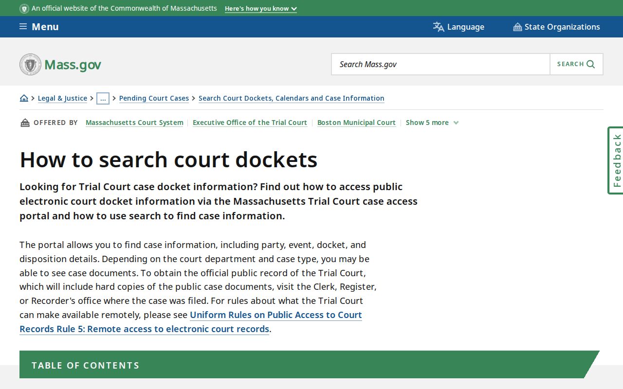 Essex County resident lookup court-search fields in Massachusetts docket instructions