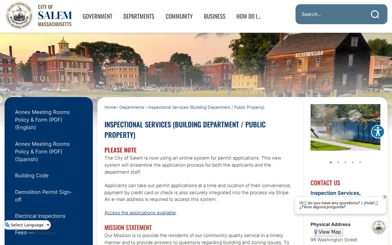 Essex County street directory example of Salem Inspectional Services permit access