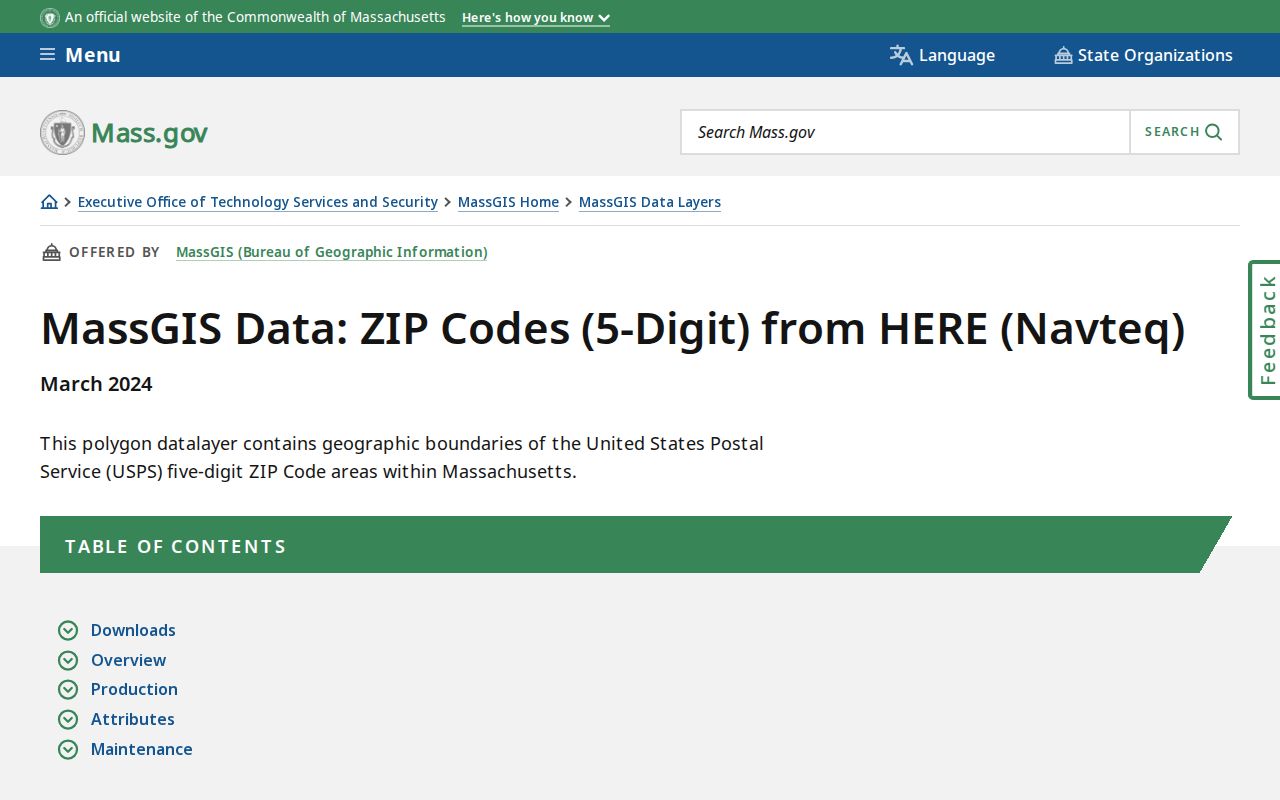 Essex County ZIP code reference showing the official MassGIS ZIP layer guidance